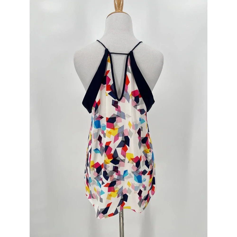 TRINA TURK Shirt Womens Small White Navy Silk Top Multicolored Geo Print Halter - Picture 2 of 9
